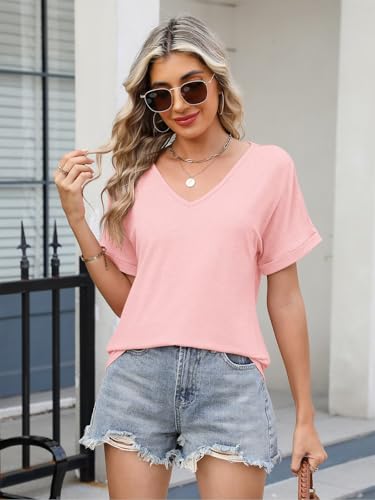 EADINVE Womens V Neck Rolled Sleeve T Shirts Curved Hem Short Sleeve Tops Summer Trendy Tees Loose Fit Tunic Shirts 20252