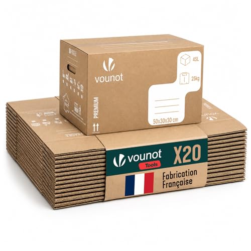 VOUNOT® Lot de 20 Cartons de Déménagement 50 x 30 x 30 cm Fabriqué en France Cartons de Rangement Renforcés 25 kg Poignées Renforcées Réutilisables 45L...