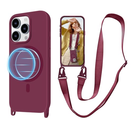 VooDirop for iPhone 14 Pro Max Case with Lanyard [Compatible with MagSafe] Crossbody Phone Case with Neck Strap Adjustable Magnetic Phone Cover for iPhone 14 Pro Max 6.7 Wine Red