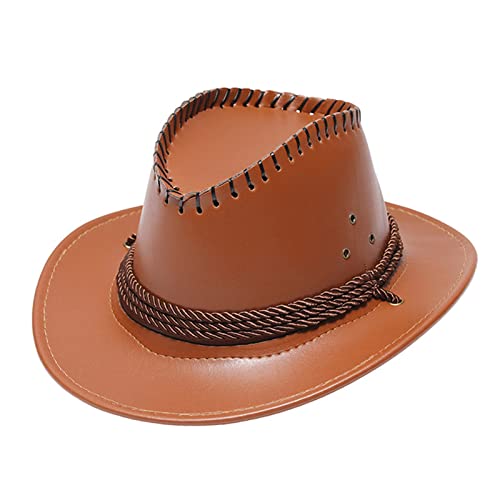 Egmy Adult Fashion Sun Solid Western Cowboy Hat Leather Windproof Hat Mens Cowboy Hat (Khaki, One Size)