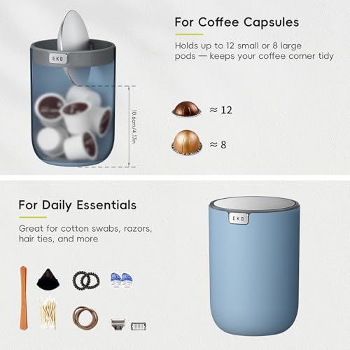 Image of EKO Fandy 0.4 Gal /1.5L Mini Tabletop Trash Bin with Swing-Lid, Desktop Trash Can for Bathroom Countertop, Vanity, Coffee or Office, Small Garbage Bin (Blue)