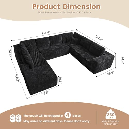 Image of HOOOWOOO Cloud Sectional Couches for Living Room,Modular Sectional Sofa No Assembly,136X108 Inch Plush Corduroy Large U Shaped Floor Couch Set with Deep Seat Ottoman(Black)