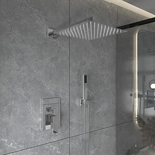 Bwe 12 Inch Square Bathroom Luxury Rain Mixer Shower Combo Set Wall Mounted 2-Functions Rainfall Shower Head System Polished Chrome Shower Faucet Rough-In Valve Body And Trim Included #TOP2