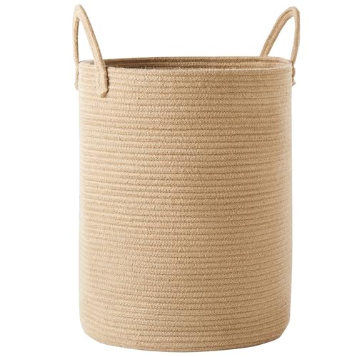 Image of MOJOSCEND 15Dx20H inches Jute Woven Hamper Laundry Basket Wicker Rope Clothes Hamper for Baby Nursery Kids Tall Rattan Blanket Basket in Living Room Bedroom 62L Large Capacity