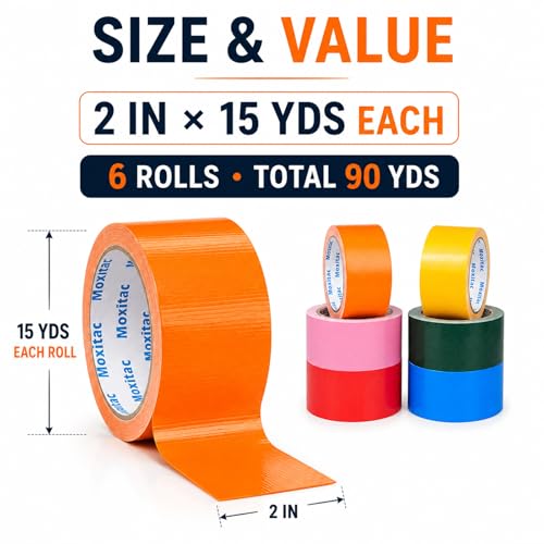 Image of Colored Duct Tape Heavy Duty, 6 Rolls Rainbow Cloth Tape, 2 Inch x 15 Yards Each, PE Coated Cloth Tape, Easy Tear, Water-Resistant Surface for Crafts, Packaging, Marking and Color Coding