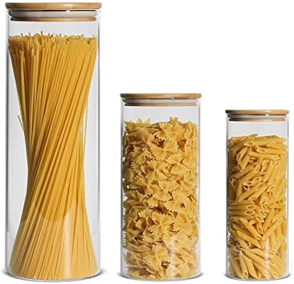RoweLLsouL Glass Storage Jars, Transparent Food Containers Set of 3, Food Jars with Bamboo Wood Lid for Kitchen Ingredients Storage, Coffee Beans, Candy, Cookies, Rice, Sugar, Flour, Pasta, Nuts