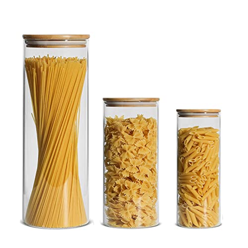 Rowellsoul Glass Storage Jars, Transparent Food Containers Set Of 3, Food Jars With Bamboo Wood Lid For Kitchen Ingredients Storage, Coffee Beans, Candy, Cookies, Rice, Sugar, Flour, Pasta, Nuts #TOP3