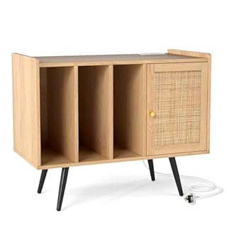 Multigot Record Player Stand with Charging Station, Wooden Turntable Stand Vinyl Record Holder with Rattan Door and Shelves for 220 Albums, Accent Sofa Side Table Vinyl Storage Unit for Living Room