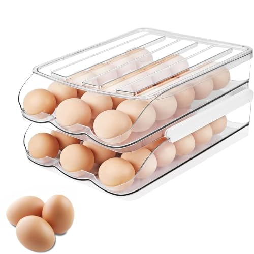 La Mejor Selección de Hueveras los 10 mejores. 42 Huevera Para Refrigerador de 2 Capas Apilables, Soporte de Huevos Rodante Automática con Tapa, 36 Rejillas Contenedor para Almacenamiento de Huevos de Gran Capacidad para Cocina