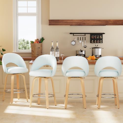 26 Inch Swivel Bar Stools Set of 4, Counter Height Bar Chairs for Kitchen, Velvet Fabric Island Chairs with Back, Thickened Cushion, Wood-Frame, Automatic Seat-Return to Center, Baby Blue