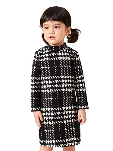 WDIRARA Toddler Girl's Plaid Houndstooth Long Sleeve Mock Neck Dress Button Dresses