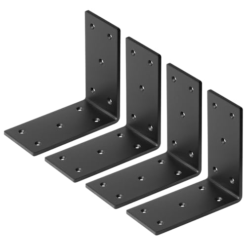 4 Pack Black Steel L Bracket for 4x4 6x6 Post, 6\" L x 3\" W Heavy Duty Corner Bracket Wood Timber Right Angle Connectors, 90 Degree Metal Joint, Thickness: 5/32\"