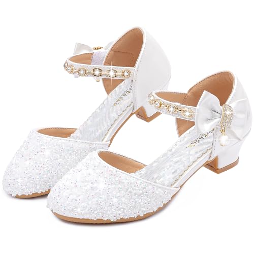 Image of Motasha Sparkly Girls Dress Shoes Kids High Heels Toddler to Big Kid | Glitter Closed Toe, Rhinestone Bow Straps, Hook-and-Loop Closure, Low Heel, Anti-Slip Outsole for Wedding Birthday Parties