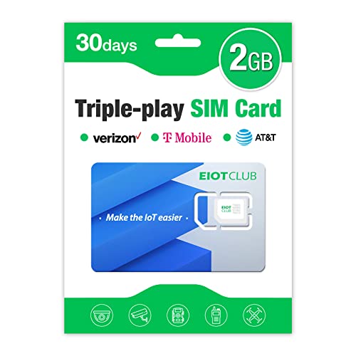 EIOTCLUB Data Only SIM Card Triple Play -Verizon ATT T-Mobile-2GB 30DAY – USA Coverage No Contract 4G LTE Cellular for Security Solar and Hunting Trail Game Cameras Unlocked IoT Device