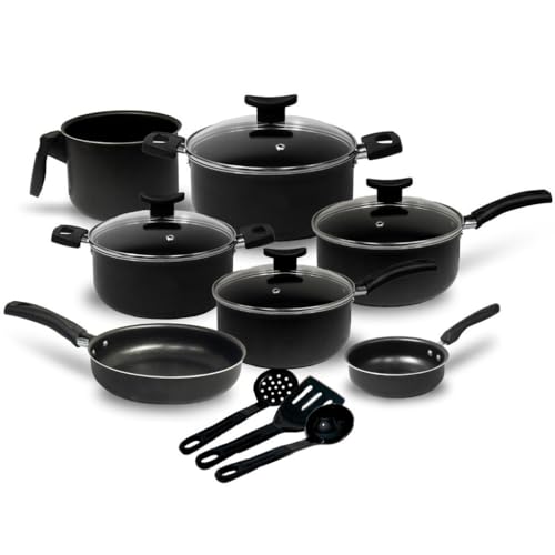 Jogo de Panelas 10 Peças Preto Antiaderente c/Tampa de Vidro e Utensílios