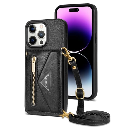 Étui portefeuille iPhone 15 Pro Max en cuir noir avec bandoulière amovible et porte-cartes