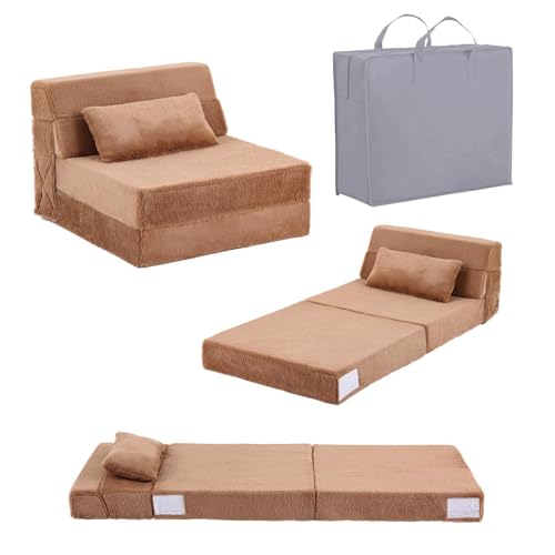 Image of Tiita Convertible Folding Kids Sofa Bed with Pillow & Storage Bag, Plush Fabric Floor Mattress Couch Bed, Washable Cover, Kids Room, Playroom, Dorm, Apartment, Brown