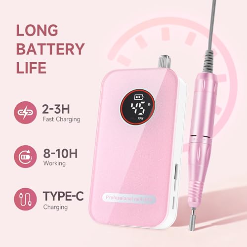 image for HQMPHQ Professional Nail Drill Electric File 45000RPM, Portable Rechar