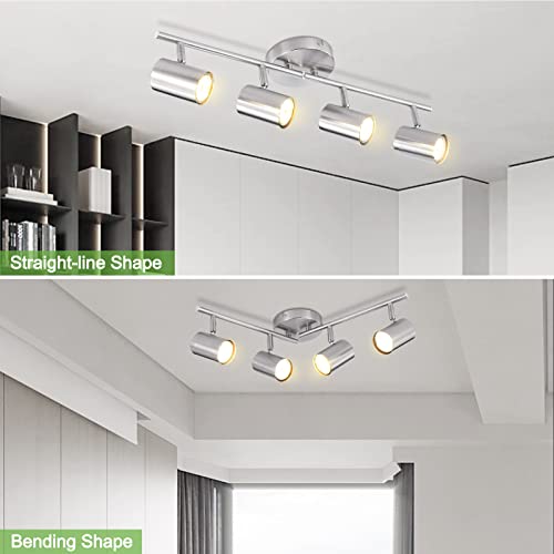Kimjo 4-Light Brushed Nickel Track Lighting Fixtures For Ceiling, 4 Way Led Track Light Kit With Adjustable Gu10 Light Heads, Foldable Ceiling Spot Lighting For Kitchen, Dining Room, Bar, Office #TOP5