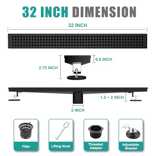 Image of BARONAGE Linear Shower Drain 32 Inch Rectangular Floor Drain with Removable Square Hole Cover and Hair Catcher, Long Shower Drains 304 Stainless Steel CUPC Certified (Matte Black)