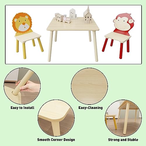 Image of Wood Table & Chairs 3 Pieces Set, Boys Girls Activity Table w / 2 Animal Shaped Chairs, Solid Wood Legs, Safe Rounded Corners, Playroom Furniture for Boys & Girls Activity Dining Drawing Craft.