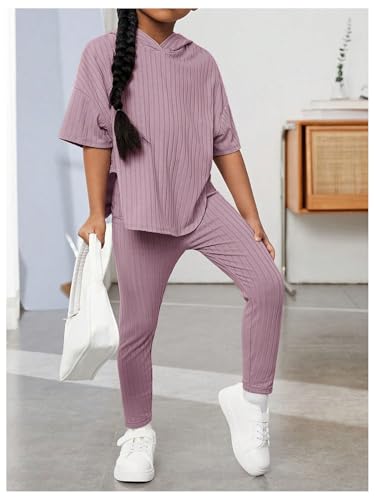 Image of Floerns Girls 2 Piece Outfit Solid Hooded Tee Shirt with Leggings Pants Set