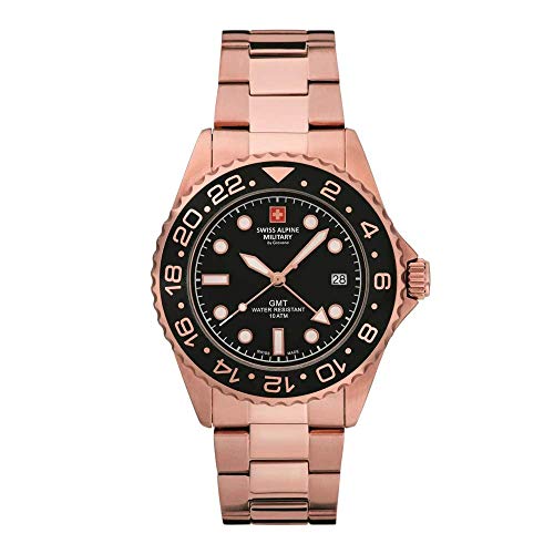 スイスアルパインミリタリーメンズ腕時計GMTアナログクォーツ7052ステンレススチール, ピンク/ブラック/ブラック - 1167sam, ブレスレット