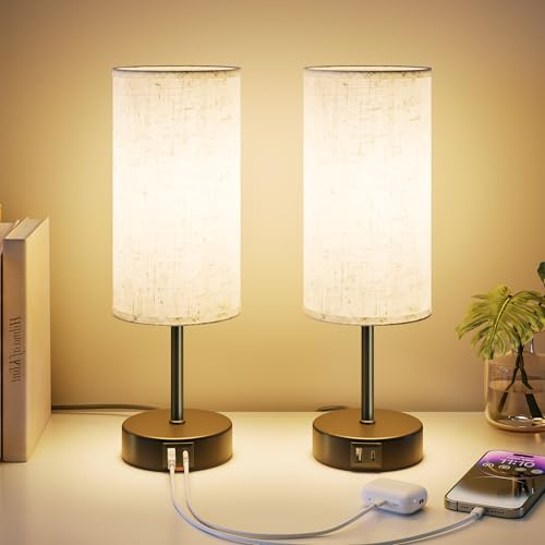 UPXNBOR Bedside Lamps Set of 2, Table Lamp for Bedroom/Living Room/Study Room/Office with USB A+C Ports, Reading Light, Desk Lamp, 1.5m Cable, Linen Fabric Shade, Black Metal Base (E27 Bulb Incl.)