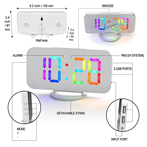 Miowachi Digital Alarm Clock For Bedrooms,Rgb Colorful Display, Snooze, Usb Charging,Dynamic Colorful Digits, Dimmable Clocks-White #TOP6