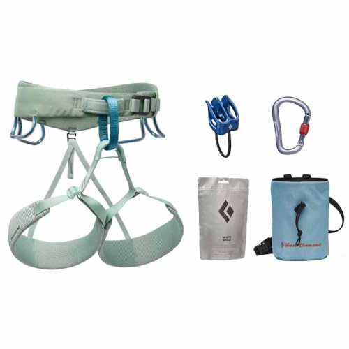 BLACK DIAMOND Women’s Momentum Harness Rock Climbing Package | Climbing Harness, Belay Device, Carabiner & Chalk Bag Set | Desert Sage | Small