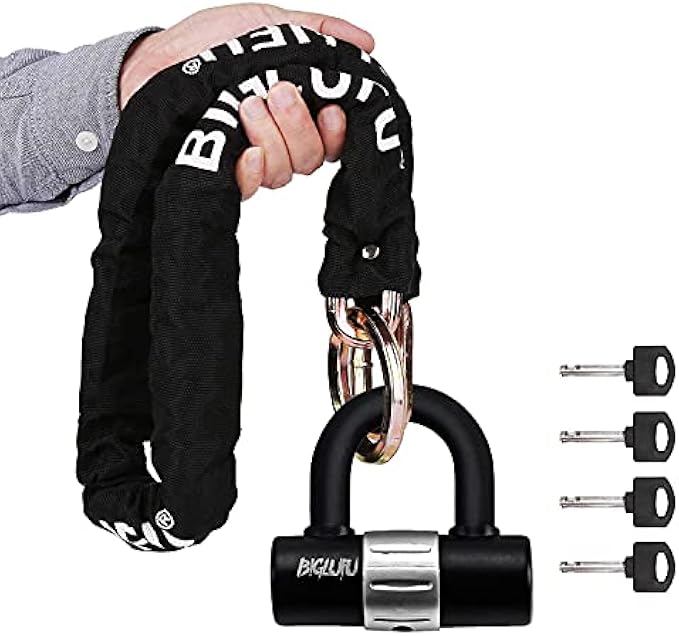 BIGLUFU Motorcycle Lock Chain Locks Heavy Duty, 120cm/4ft Long, Cut Proof 10mm Thick Colorful Square Chains with 4Keys 16mm U Lock, Ideal for Motorcycles, Motorbike, Bike, Generator, Gates