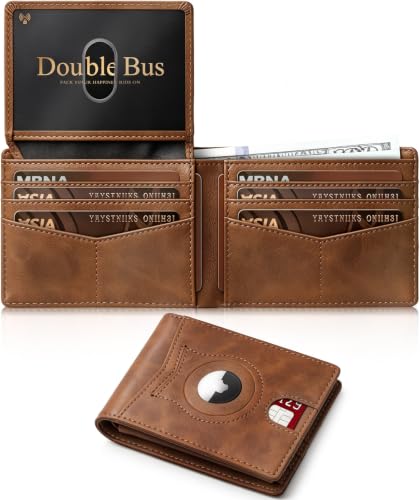 Double Bus Wallet for Men AirTag Slim RFID Blocking Leather Bifold Gift Box