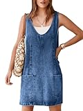 BerryGo Women's Denim V Neck Sleeveless Overall Dress Casual Mini Pinafore Dress Short Jumper Jeans Dress with Pocket Blue M