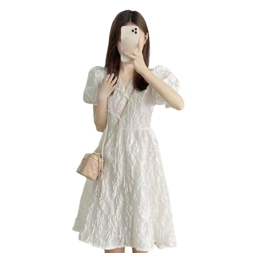 Robe midi blanche dissimulant les formes avec manches bouffantes Ligne A