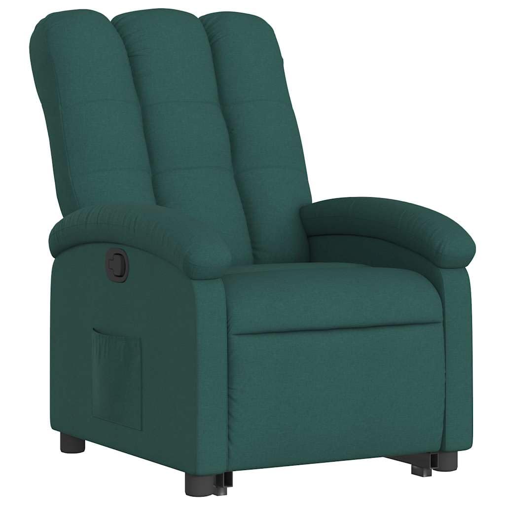 Sillón elevador reclinable verde oscuro de tela con motor eléctrico y función manual para elevación e inclinación hasta 135 grados