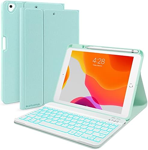 iPad 7th/8th/9th Generation Case with Keyboard 10.2-inch 2019/2020/2021, iPad Air 3rd/Pro 10.5-inch 2017 Compatible, 7 Color Backlit Keyboard BT/Wireless/Detachable with Pencil Holder (Mint Green)