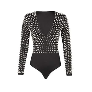 Womens-Rockstar-Black-Studded-Rivet-Studs-Bodysuit-Top Rockstar - Body con tachuelas de remache, color negro, para mujer, Negro -, L