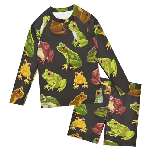 Frogs Print Boys Swimsuit Rash Guard Toddler Kids Long Sleeve Swim Shirt and Trunks Swimwear Set 3-10Y