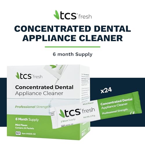 TCS Fresh Denture Cleaner – Professional Strength Concentrated Cleanser Mint Powder for Dental Cleaning – For Dentures, Night Guards, Aligners & Retainer Cleaner – 24 Packets (6 Month Supply)