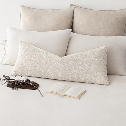 Image of Foindtower Decorative Textured Boucle Throw Pillow Covers Accent Solid Pillow Cases Neutral Long Body Lumbar Couch Cushion Case for Chair Sofa Bedroom Living Room Home Decor 14x36 Inch,1PC,Light Beige