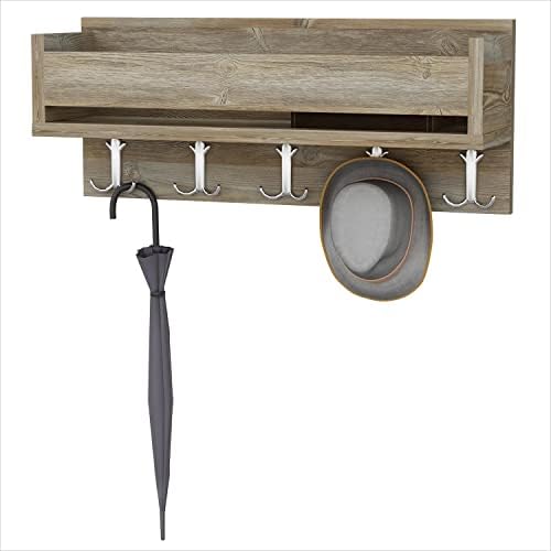 Evdekimoda Ruby Coat Rack Floating Wal Shelves Entryway Organizer, Wood Coat Hooks Rack with 5 Hooks Shelf Hallway Organiser Holder Storage (Sapphire & Oak)