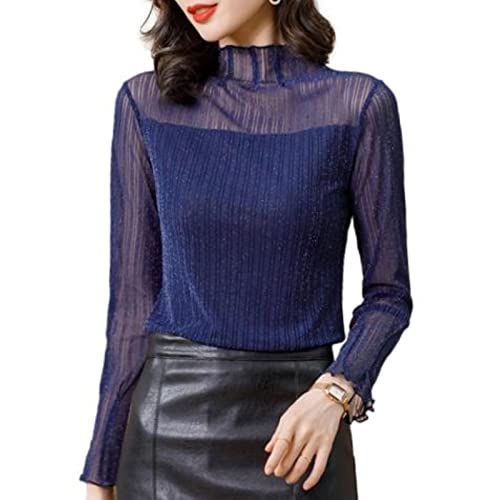 [ジェイスコット] シアーラメトップス 裏地付き ストレッチ素材 ハイカラー 長袖 透け感 風通し プルオーバー 華やか 韓国ファッション LL シースルー XXL ootd トレンド感 エステ 韓国風 結婚式 爽やか 裏地有り ラメ レデイース デザインブラウス 港区女子 L セミフォーマル 体型カバー 洗濯機可 プチプラコーデ 制服 面接 秋物 レディース ブルー JS69-BL-XL