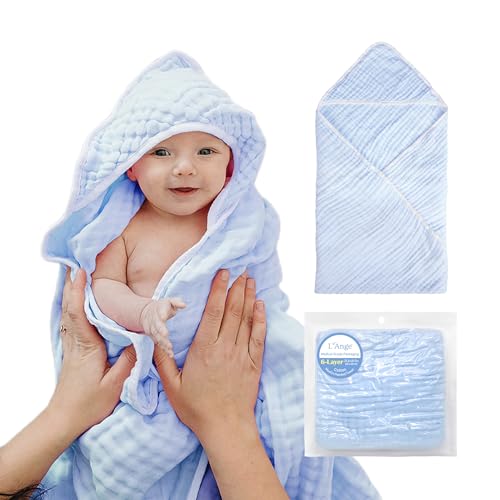 Image of L'Ange Muslin Hooded Baby Towel - Infant Bath Towel with Hood for Newborn Babies Boy or Girl - 100% Cotton - Pack of 1 - Ready to Use Medical Grade Packaging - 6 Layers - Blue - 25.5x25.5 in