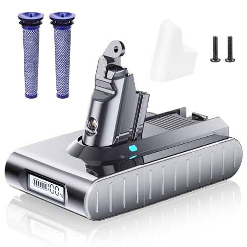 Upgraded 8000mAh Replacement Battery for Dyson V6 Series – LCD Display Shows Exact Percentage, Longer Runtime, Fade-Free Power for V6 Animal Motorhead Fluffy Absolute Vacuum Cleaner with 2 Filters