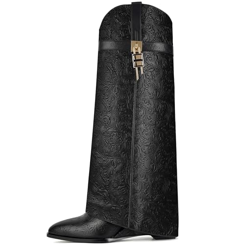 Fold Over Boots for Women Pointy Pull-on Wedge Heel Knee Shark Boot With Side Zipper Padlock Design