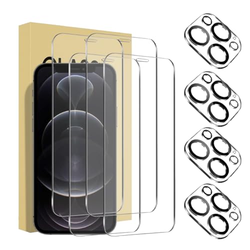 4 Pack Screen Protector for iPhone 12 Pro with 4 Pack Camera Lens Tempered Glass Protector, 6.1 Inch HD Clear 9H Glass Film Hardness, Scratch Resistent, No Air Bubbles