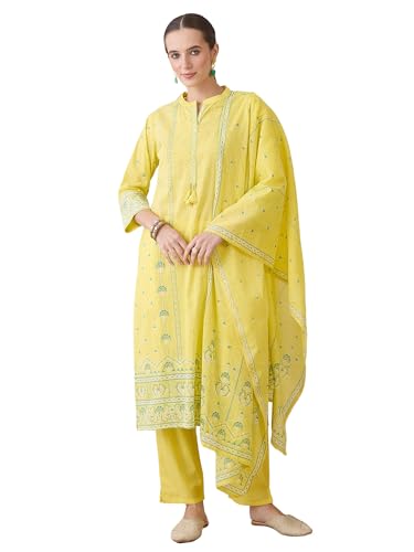 Image of INDO ERA Women's Straight Pure Cotton Ethnic Motifs Printed Kurta & Pant with Dupatta Set (IESTR9770)