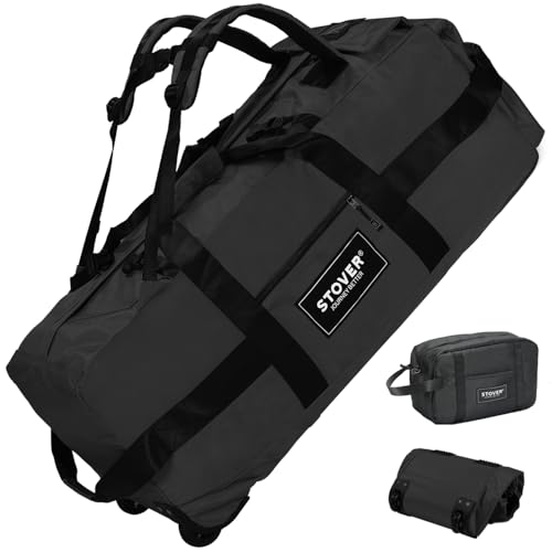 STOVER 80L Rolling Duffel Bag with Wheels, Large 31 Inch Durable Travel Duffle + Toiletry Bag, Heavy Duty, Packable, Foldable w/Shoulder Straps- Use as Luggage or Backpack, Men/Women (Black)
