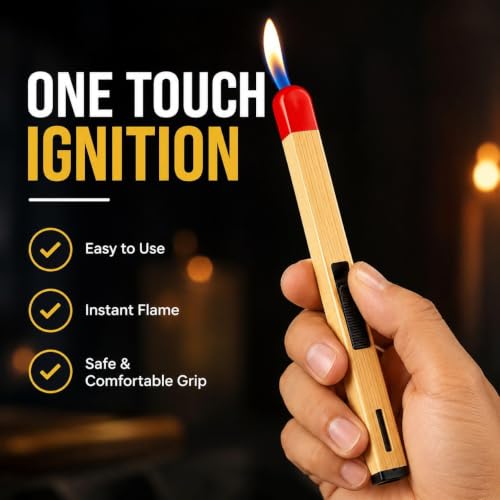 Image of Match Stick Shaped Butane Lighter, 20.5 cm Long Handle Refillable Gas Lighter with One Touch Ignition and Fuel Window for Kitchen Stove, Candles, BBQ, Grill and Camping