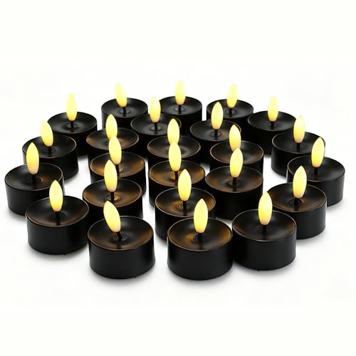 Image of CANDLE CHOICE Battery Operated Flameless Tea Lights Realistic Black Wick Bright Flickering LED Tealight Candles Wedding Table Centerpieces Halloween Christmas Decorations Batteries Incl. 24 Pack Black